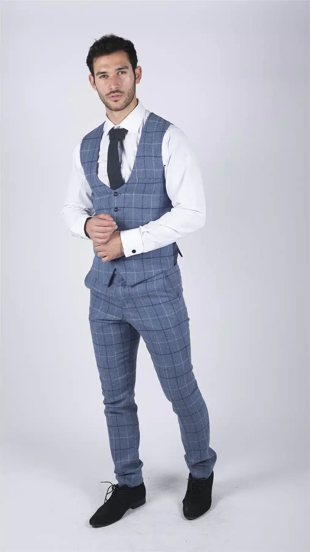 Chaleco de hombre Marc Darcy azul claro a cuadros azul marino, estilo casual elegante, de tweed, corte ajustado, Clinton