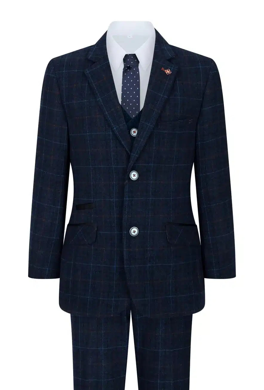 Traje azul de 3 piezas para niño, a cuadros azul marino, ideal para bodas, graduaciones y eventos formales de estilo vintage.