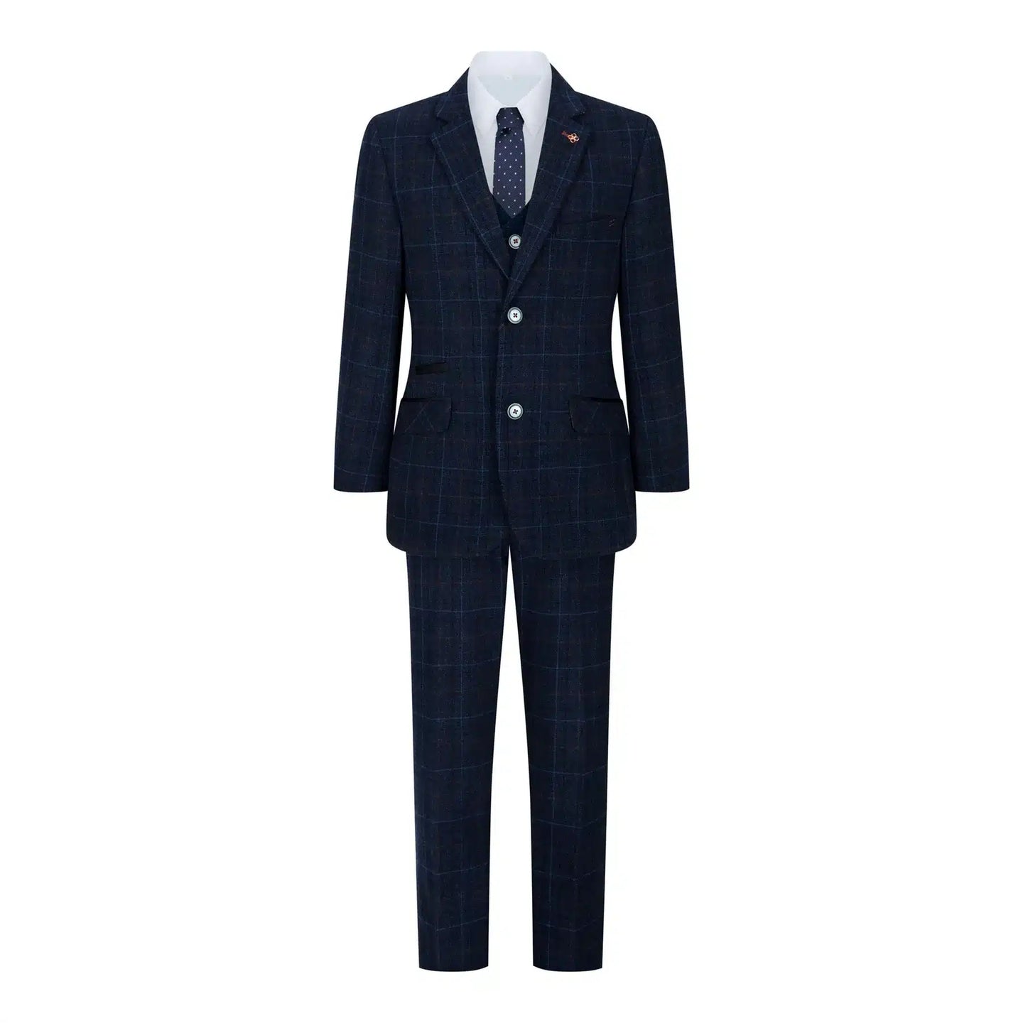 Traje azul de 3 piezas para niño, a cuadros azul marino, ideal para bodas, graduaciones y eventos formales de estilo vintage.