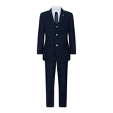 Traje azul de 3 piezas para niño, a cuadros azul marino, ideal para bodas, graduaciones y eventos formales de estilo vintage.