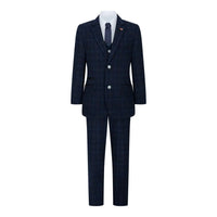 Traje azul de 3 piezas para niño, a cuadros azul marino, ideal para bodas, graduaciones y eventos formales de estilo vintage.