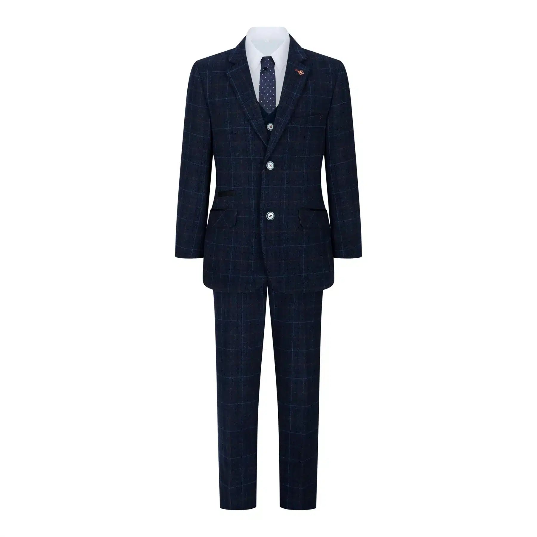 Traje azul de 3 piezas para niño, a cuadros azul marino, ideal para bodas, graduaciones y eventos formales de estilo vintage.