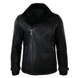 Chaqueta de invierno para hombre de piel de oveja negra, de largo medio y entallada, con cremallera cruzada.