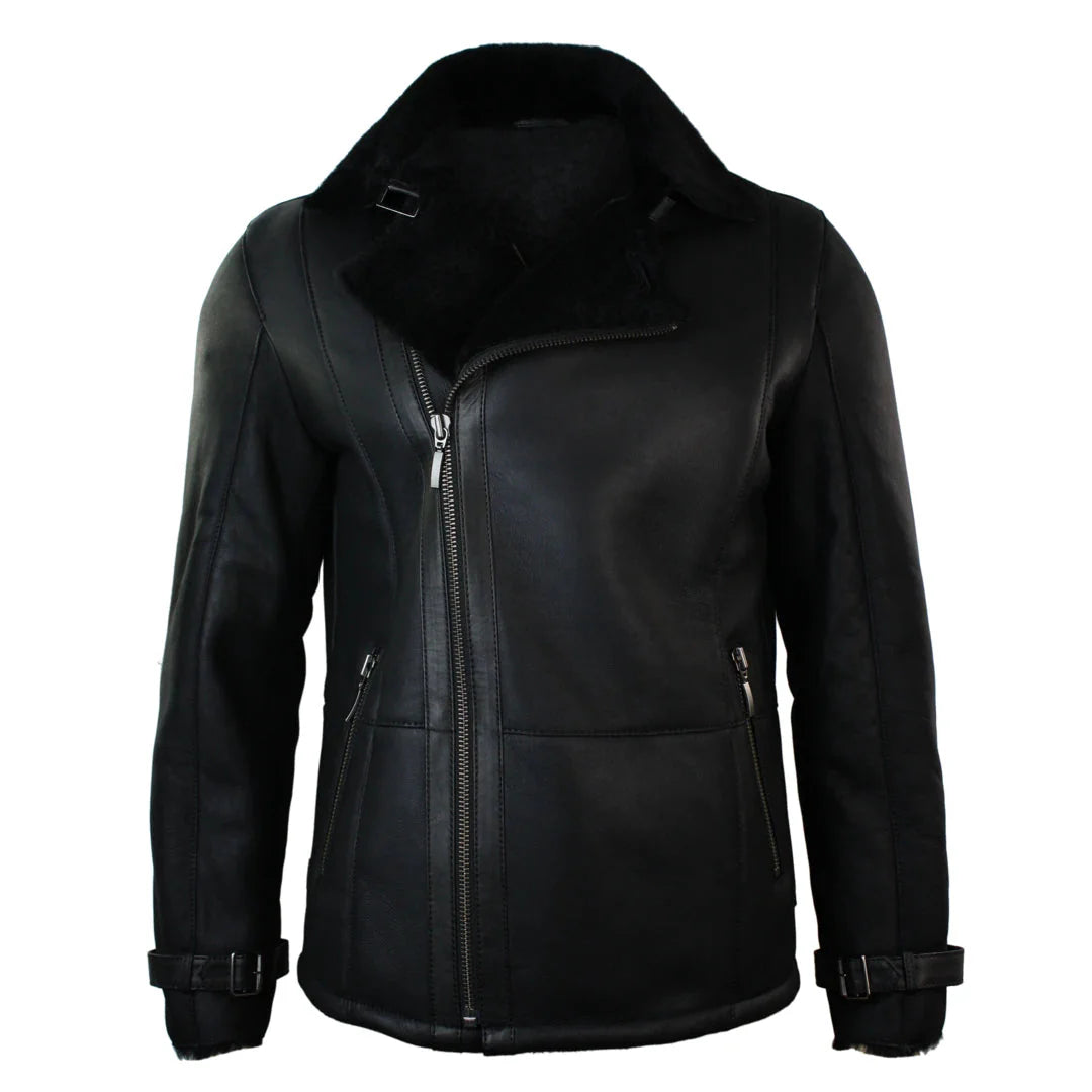 Chaqueta de invierno para hombre de piel de oveja negra, de largo medio y entallada, con cremallera cruzada.