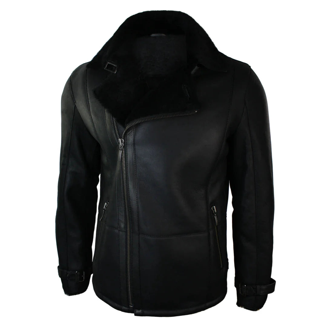Chaqueta de invierno para hombre de piel de oveja negra, de largo medio y entallada, con cremallera cruzada.