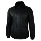 Chaqueta de invierno para hombre de piel de oveja negra, de largo medio y entallada, con cremallera cruzada.