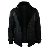 Chaqueta de invierno para hombre de piel de oveja negra, de largo medio y entallada, con cremallera cruzada.