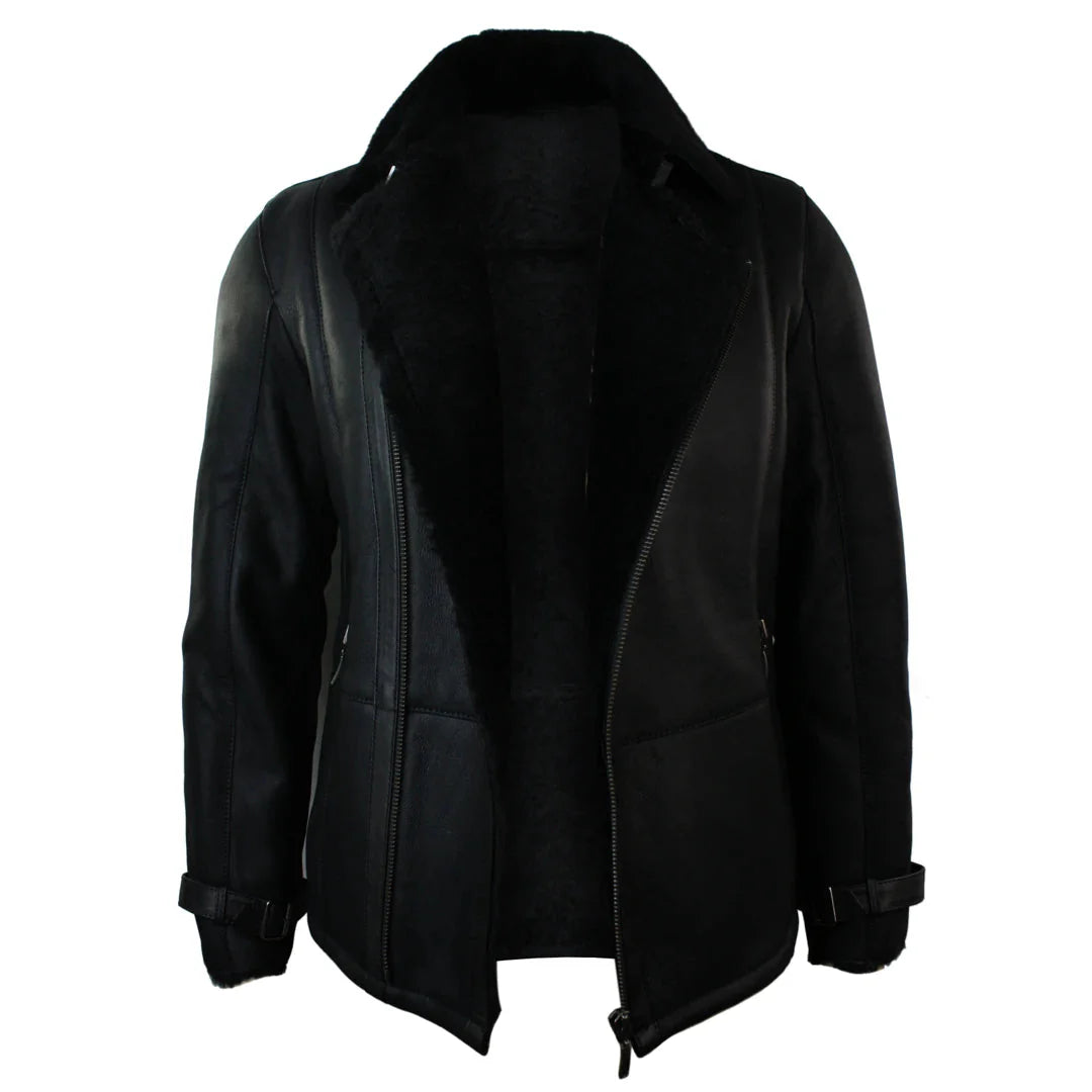 Chaqueta de invierno para hombre de piel de oveja negra, de largo medio y entallada, con cremallera cruzada.