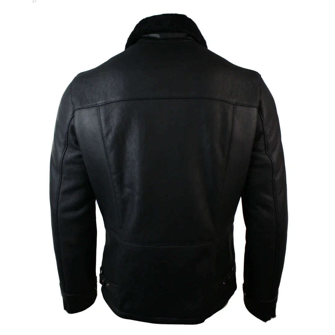 Chaqueta de invierno para hombre de piel de oveja negra, de largo medio y entallada, con cremallera cruzada.
