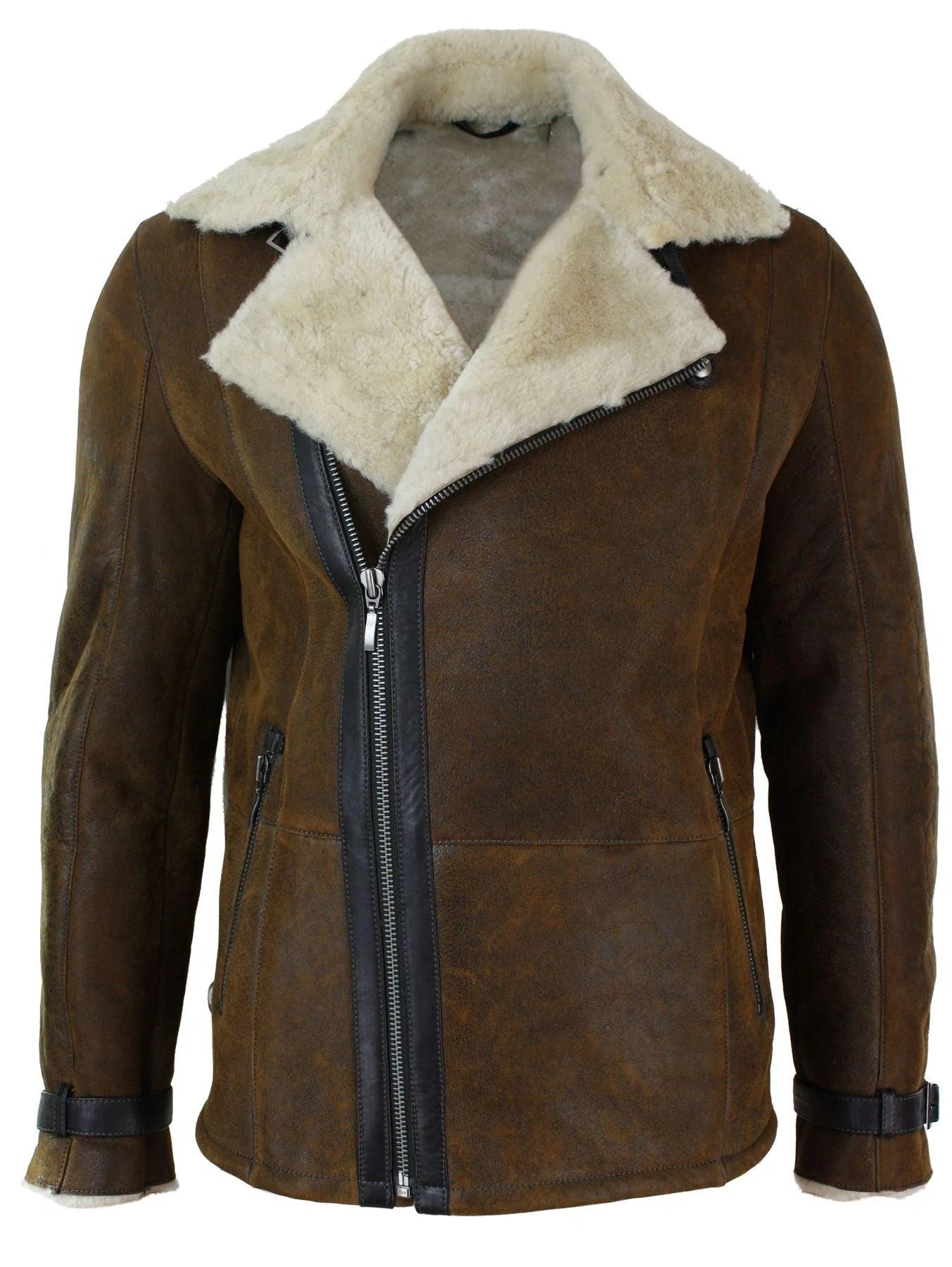Chaqueta de invierno para hombre de auténtica piel de oveja vintage color marrón claro con cremallera cruzada.