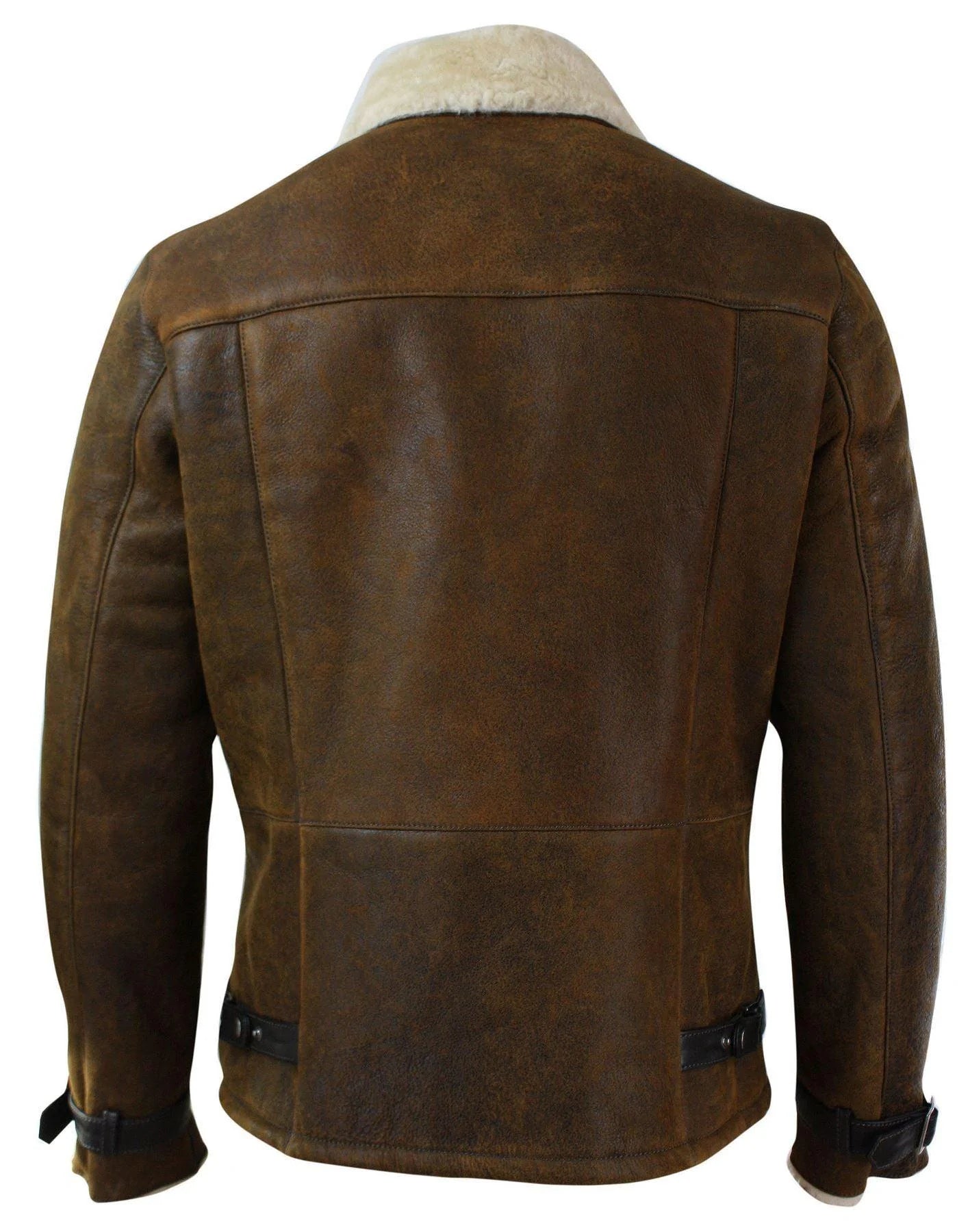 Chaqueta de invierno para hombre de auténtica piel de oveja vintage color marrón claro con cremallera cruzada.