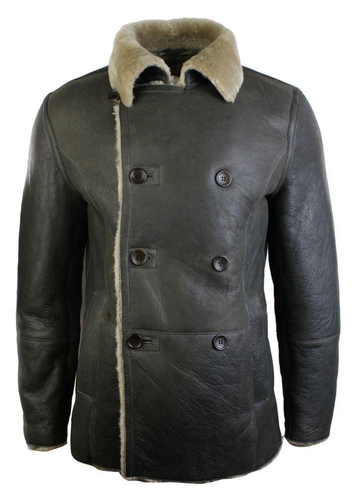 Chaqueta cruzada de piel de oveja auténtica de la Marina Alemana para hombre, color marrón vintage.
