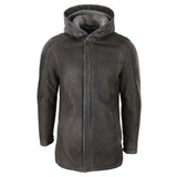 Chaqueta de hombre de 3/4 de piel de oveja suave marrón con capucha. Abrigo clásico de invierno cálido.