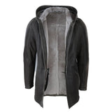 Chaqueta de hombre de 3/4 de piel de oveja suave marrón con capucha. Abrigo clásico de invierno cálido.
