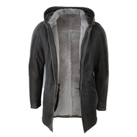 Chaqueta de hombre de 3/4 de piel de oveja suave marrón con capucha. Abrigo clásico de invierno cálido.