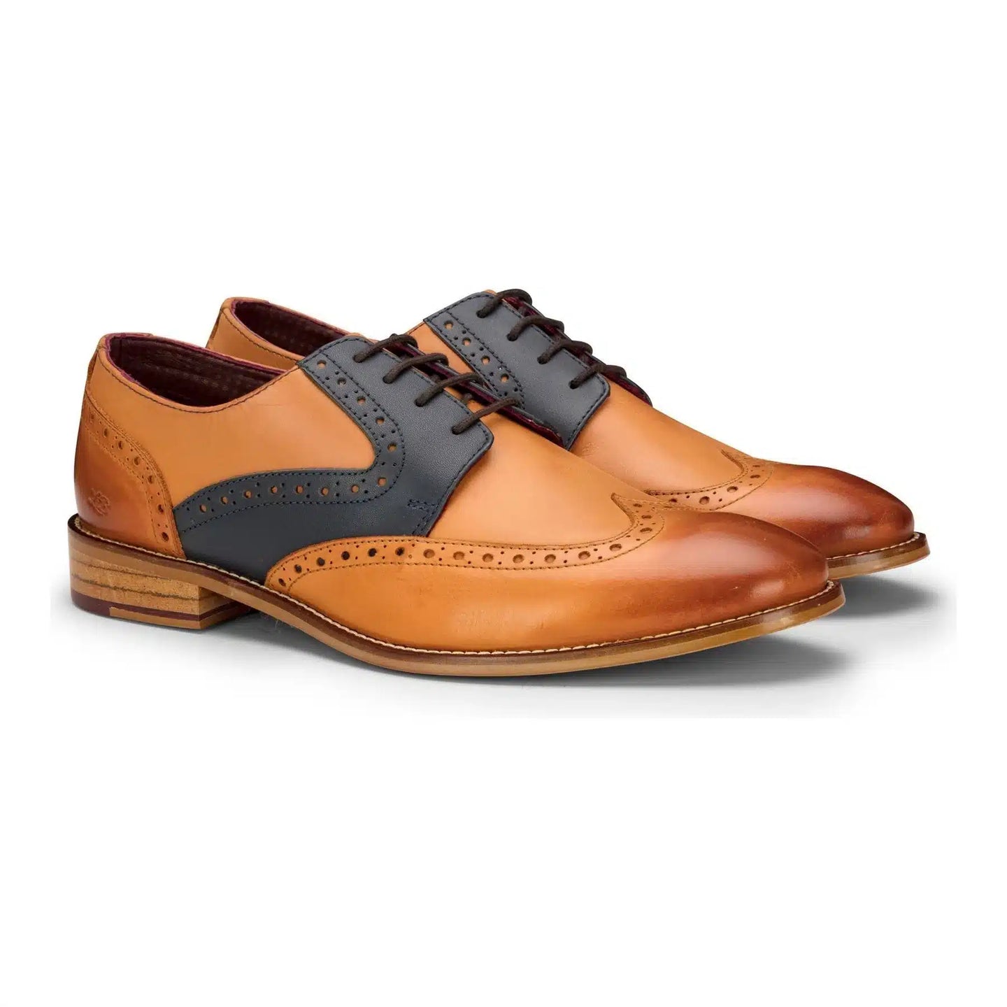 Zapatos brogue de hombre en tonos marrón claro, azul marino y rojo, con cordones, estilo clásico vintage formal, de cuero auténtico.