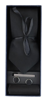 Conjunto de regalo de corbata negra de seda satinada con pañuelo de bolsillo, gemelos y corbata de satén brillante.