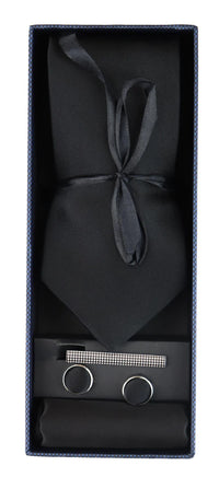 Conjunto de regalo de corbata negra de seda satinada con pañuelo de bolsillo, gemelos y corbata de satén brillante.