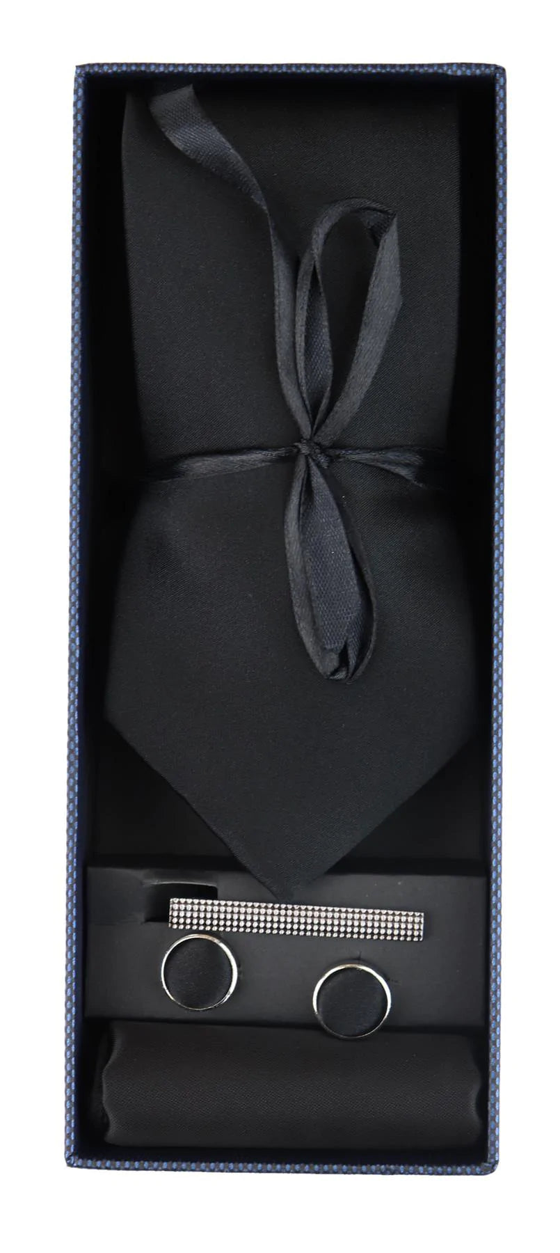 Conjunto de regalo de corbata negra de seda satinada con pañuelo de bolsillo, gemelos y corbata de satén brillante.
