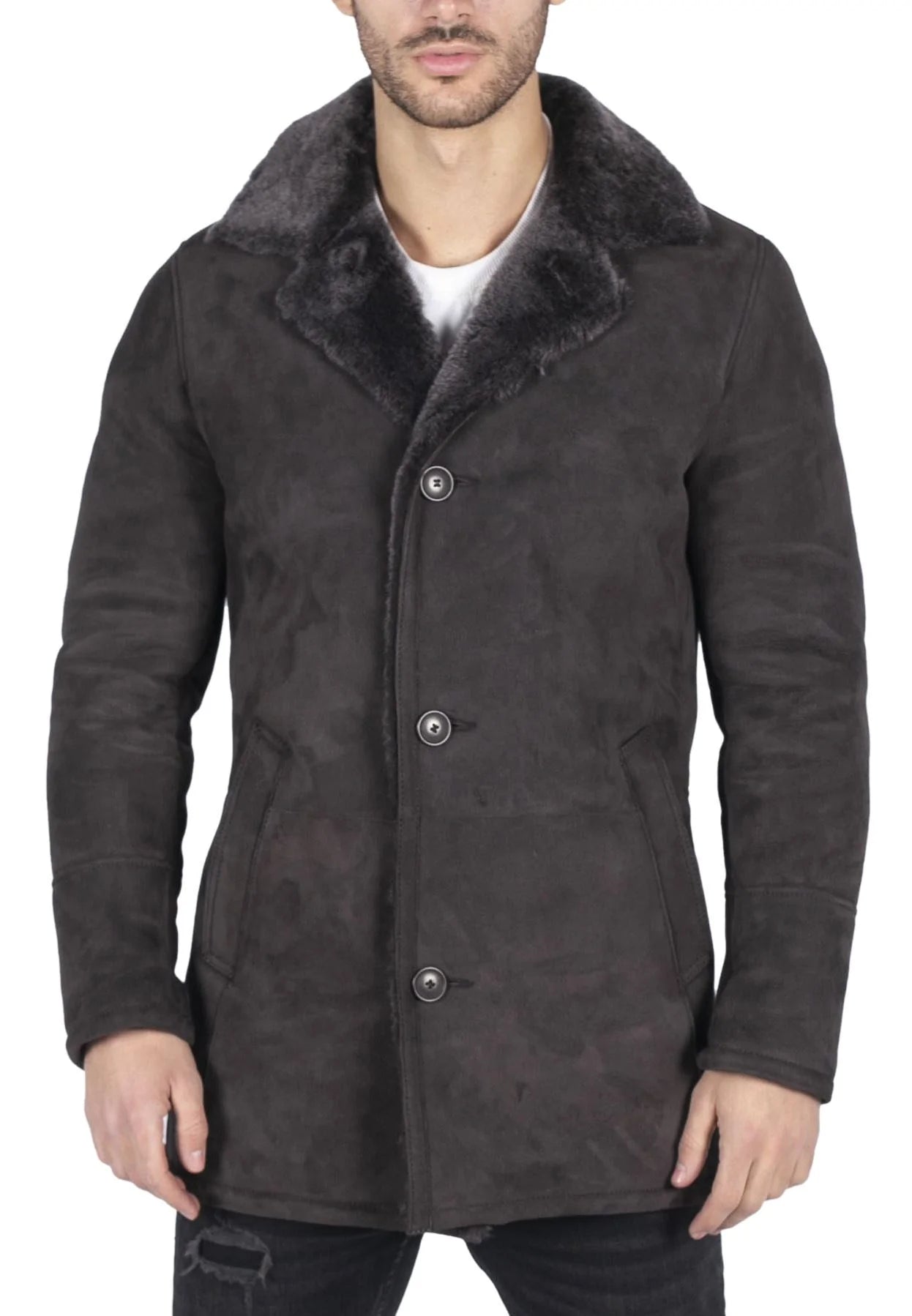 Abrigo de hombre de piel de oveja auténtica, color marrón, estilo vintage clásico, estilo 3/4, con botones y cuello en V.