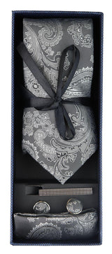 Conjunto de regalo de corbata gris con estampado paisley, pañuelo de bolsillo, gemelos y corbata de satén floral.