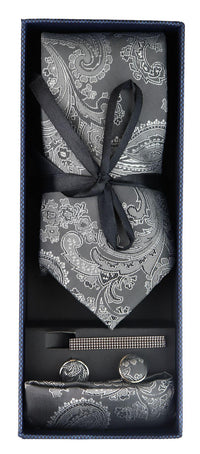Conjunto de regalo de corbata gris con estampado paisley, pañuelo de bolsillo, gemelos y corbata de satén floral.