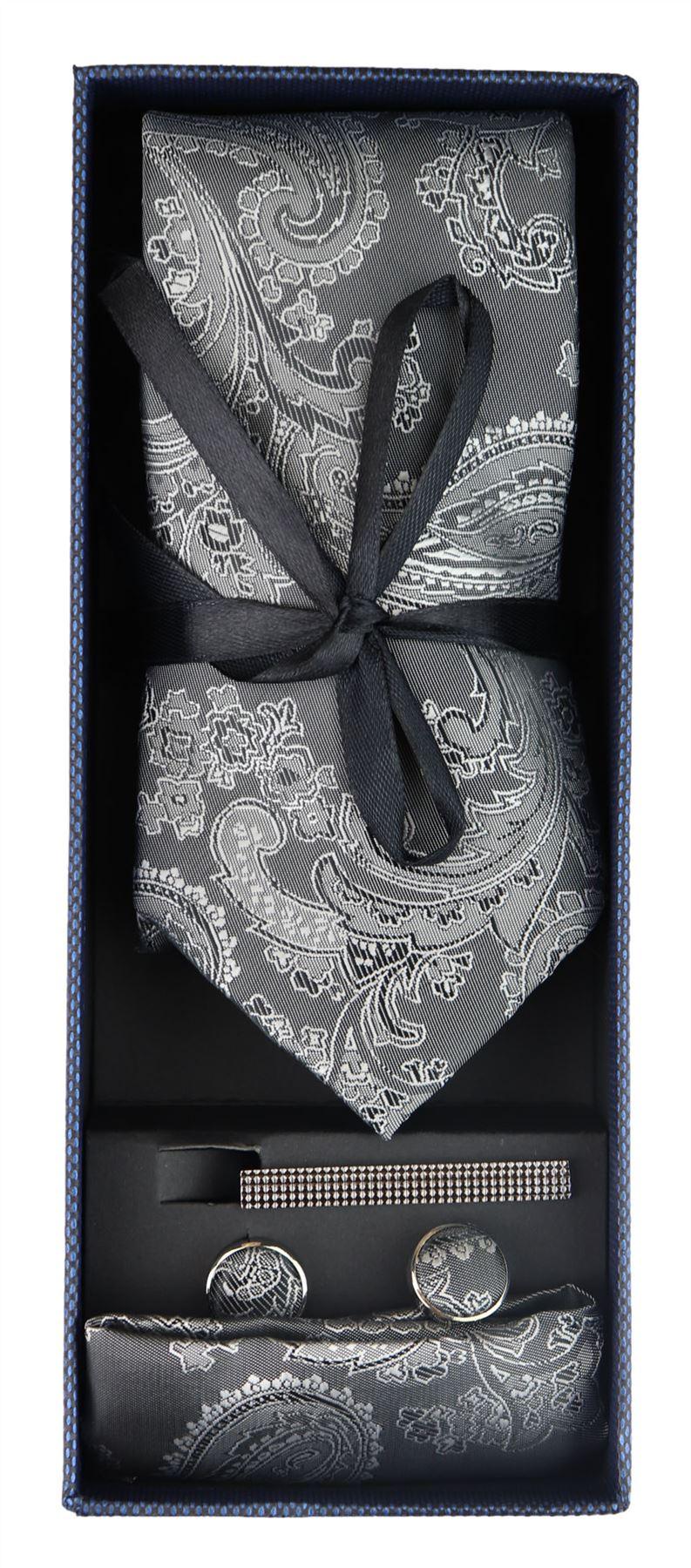 Conjunto de regalo de corbata gris con estampado paisley, pañuelo de bolsillo, gemelos y corbata de satén floral.