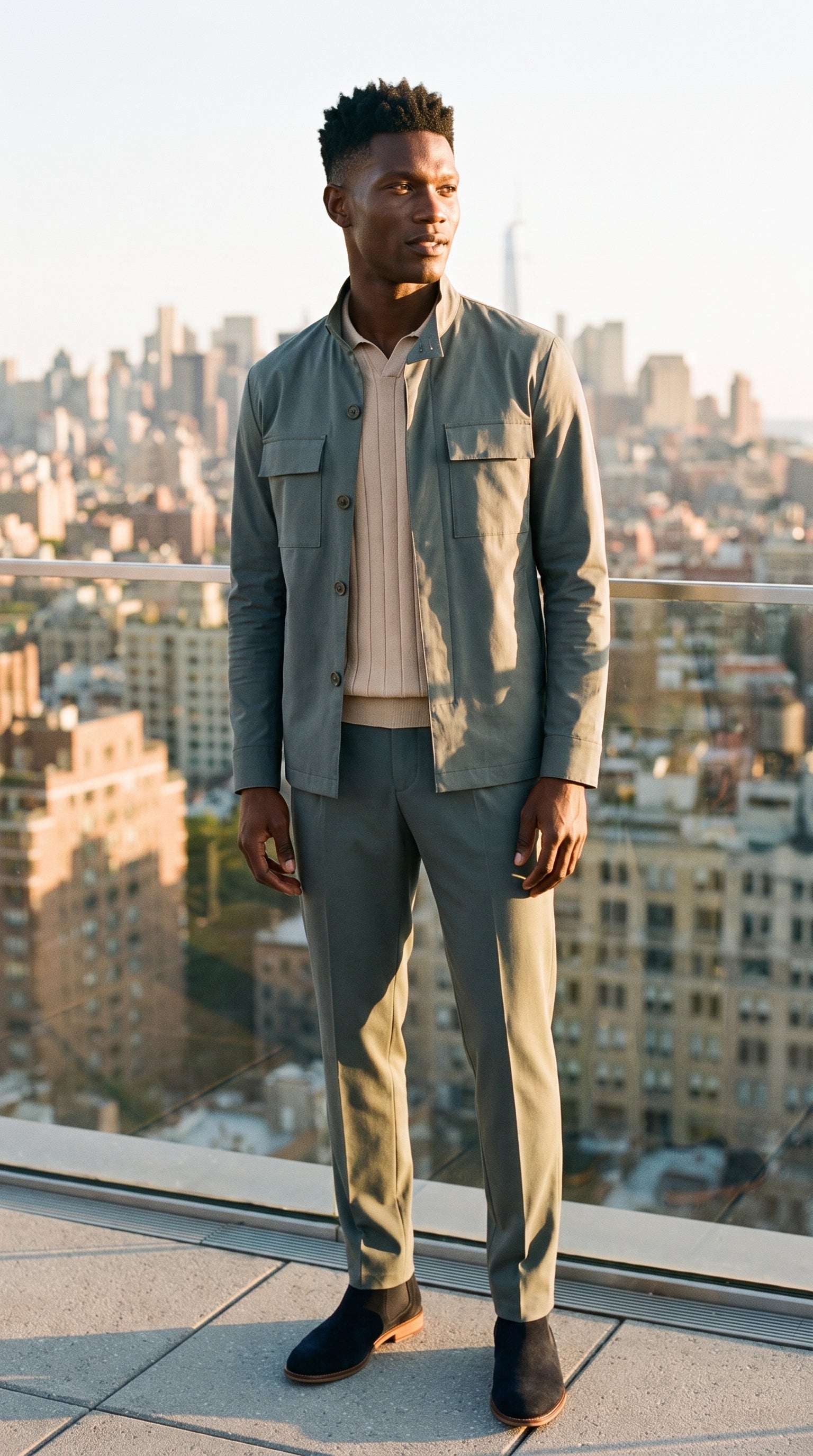 Look #404 styled with Polo de punto acanalado beige para hombre