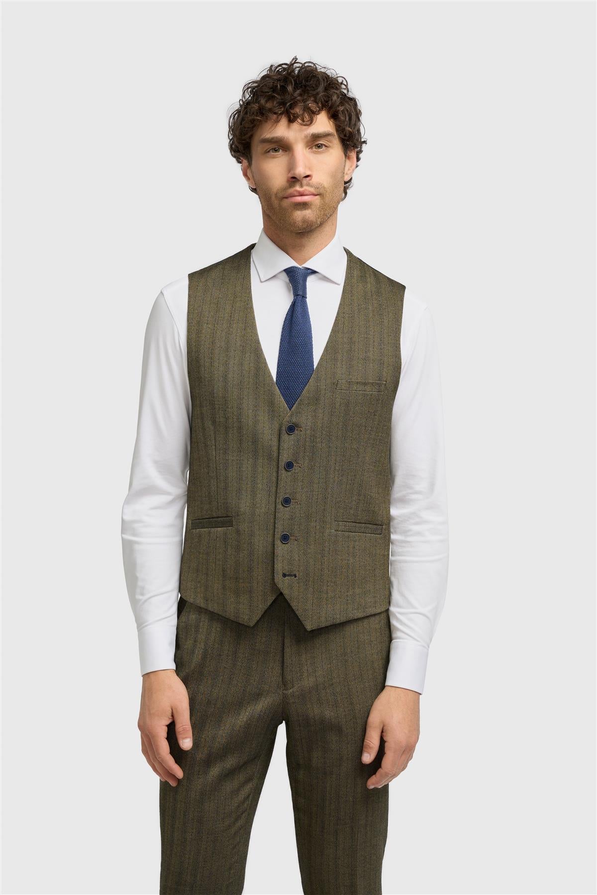 Damon - Chaleco de hombre de tweed verde oliva con estampado de espiga