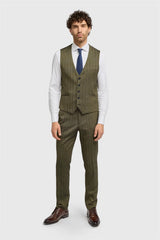 Damon - Chaleco de hombre de tweed verde oliva con estampado de espiga