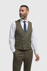 Traje de hombre de tres piezas de tweed con estampado de espiga en color verde oliva