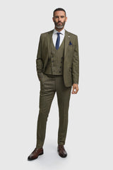 Traje de hombre de tres piezas de tweed con estampado de espiga en color verde oliva