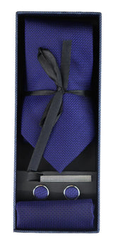 Conjunto de regalo de corbata azul texturizada de seda satinada con pañuelo de bolsillo, gemelos y corbata de satén mate.