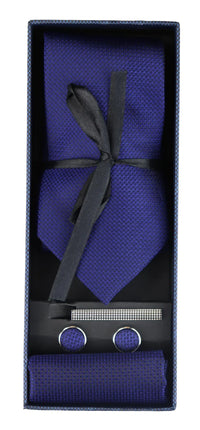 Conjunto de regalo de corbata azul texturizada de seda satinada con pañuelo de bolsillo, gemelos y corbata de satén mate.