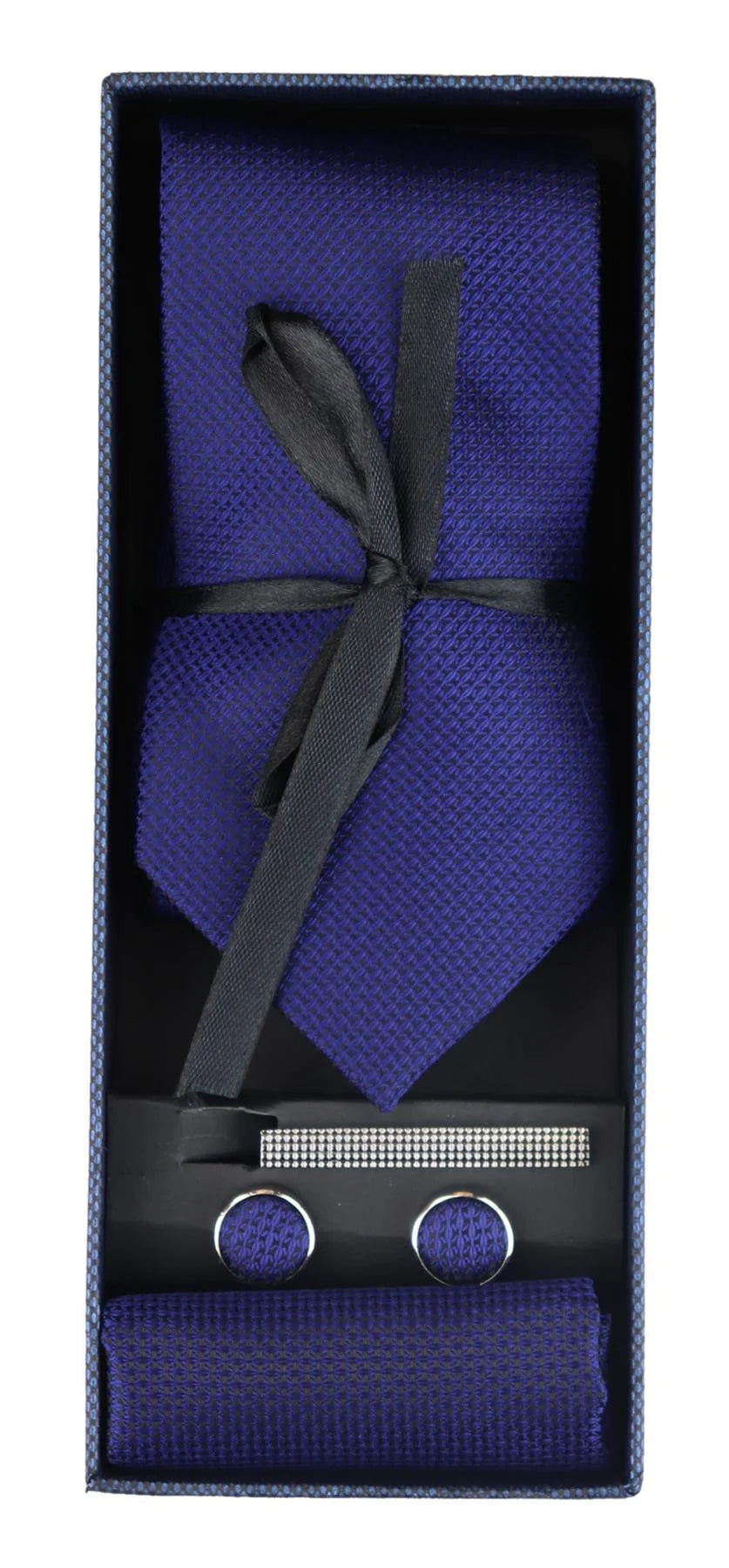 Conjunto de regalo de corbata azul texturizada de seda satinada con pañuelo de bolsillo, gemelos y corbata de satén mate.