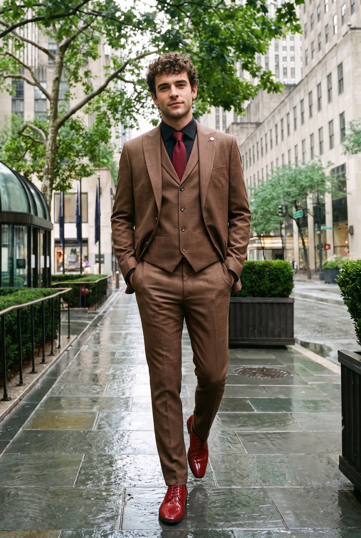 Look #284 styled with Traje de hombre James de 3 piezas, color marrón liso, corte clásico.