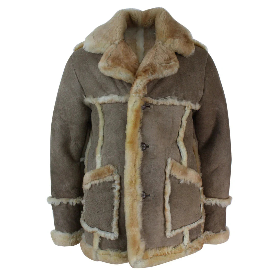 Chaqueta de piel de oveja original de 3/4 de largo para hombre, color beige, crema y marrón.