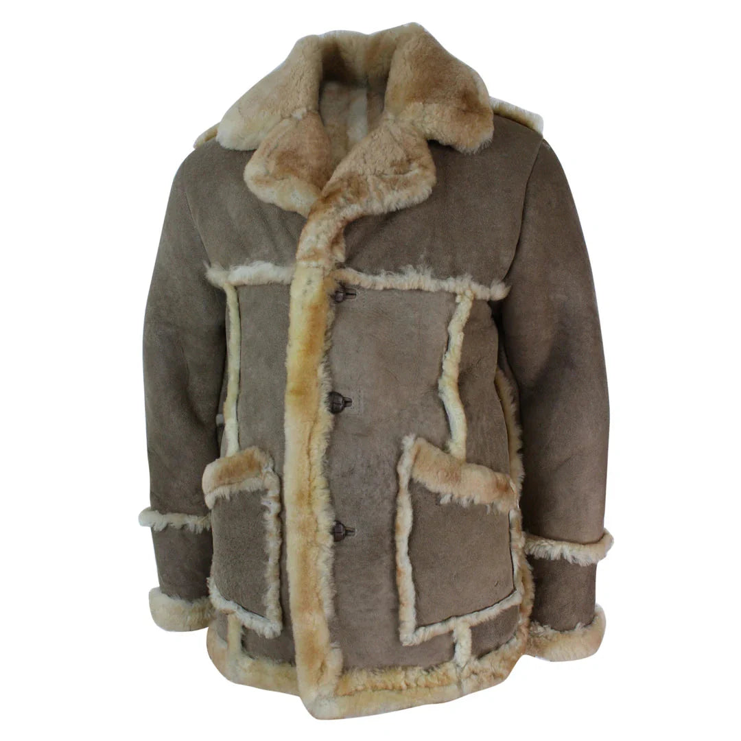 Chaqueta de piel de oveja original de 3/4 de largo para hombre, color beige, crema y marrón.