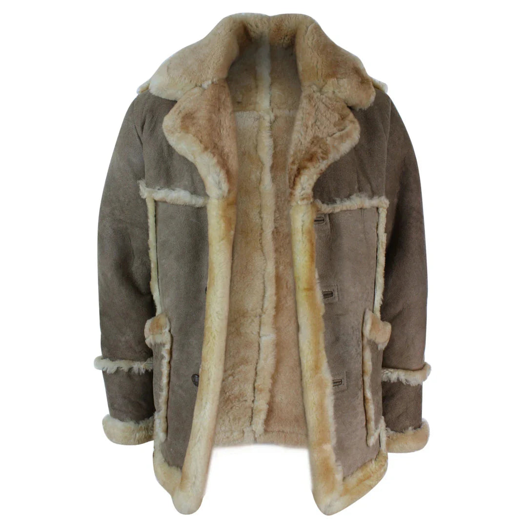 Chaqueta de piel de oveja original de 3/4 de largo para hombre, color beige, crema y marrón.