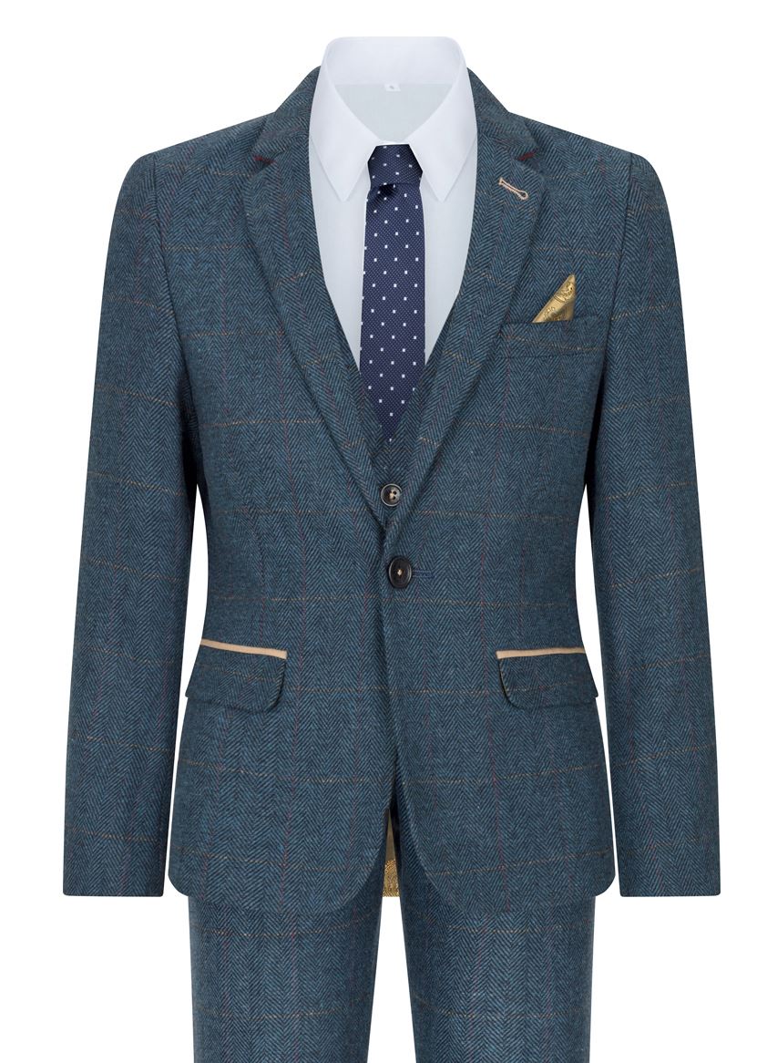Traje de tres piezas azul para niño, de tweed con estampado de espiga y corte vintage.