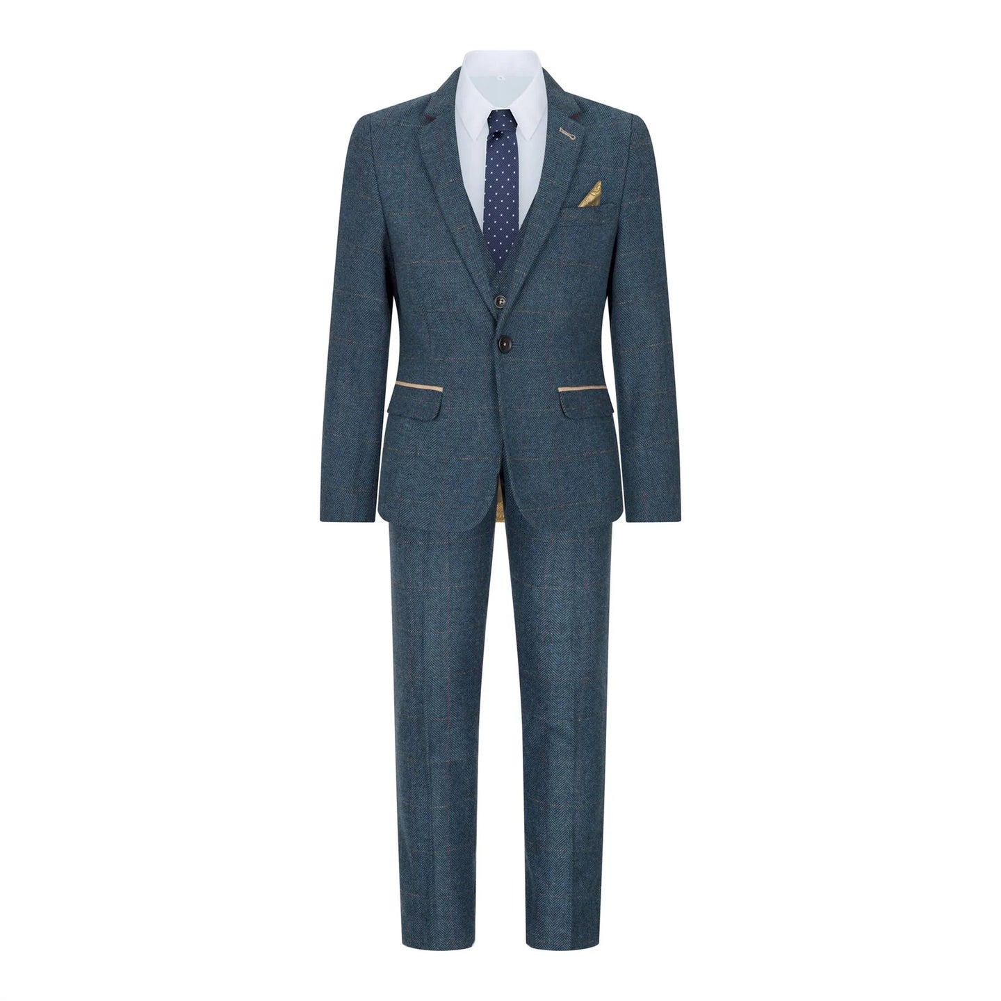 Traje de tres piezas azul para niño, de tweed con estampado de espiga y corte vintage.