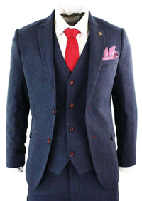Traje de hombre de 3 piezas azul marino de corte ajustado con ribete color vino.