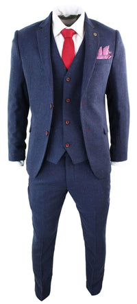 Traje de hombre de 3 piezas azul marino de corte ajustado con ribete color vino.