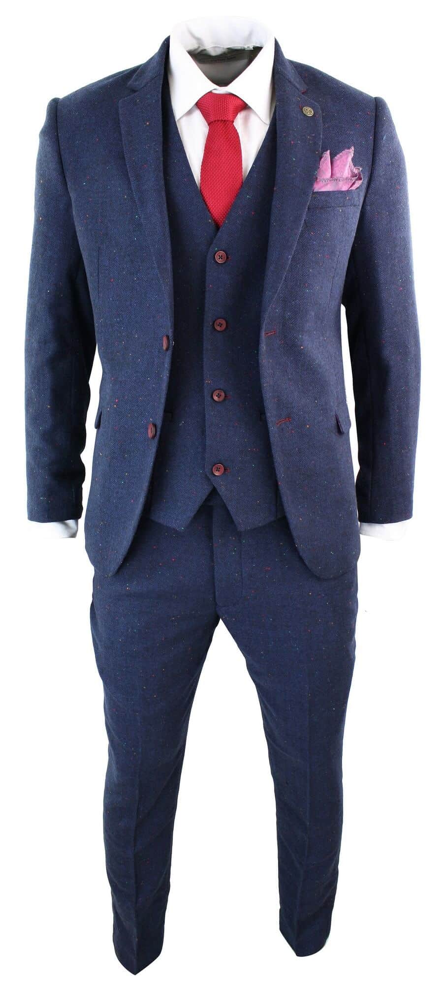 Traje de hombre de 3 piezas azul marino de corte ajustado con ribete color vino.