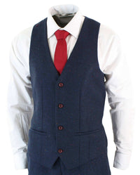 Traje de hombre de 3 piezas azul marino de corte ajustado con ribete color vino.