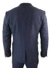 Traje de hombre de 3 piezas azul marino de corte ajustado con ribete color vino.