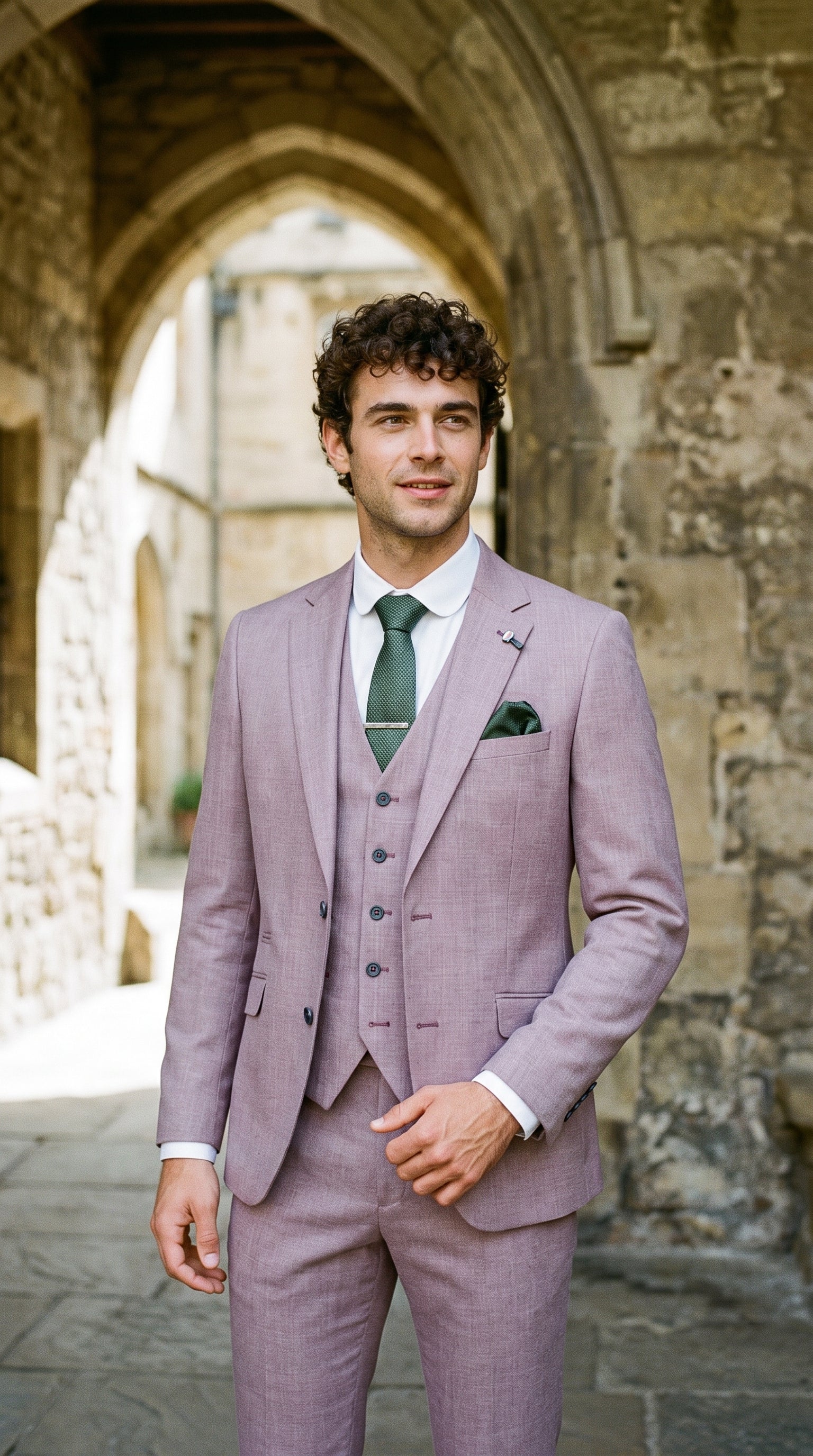 Look #317 styled with Traje de lino rosa palo para hombre, ideal para el verano.
