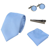 Conjunto de regalo de corbata azul Diamond Neck con pañuelo de bolsillo, gemelos y alfiler de corbata para camisa de satén.
