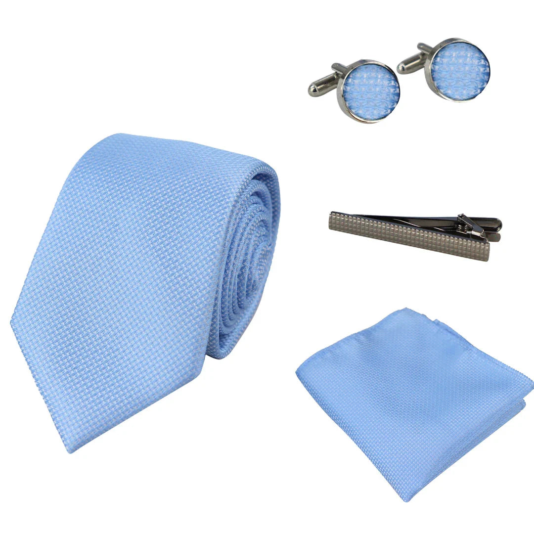 Conjunto de regalo de corbata azul Diamond Neck con pañuelo de bolsillo, gemelos y alfiler de corbata para camisa de satén.