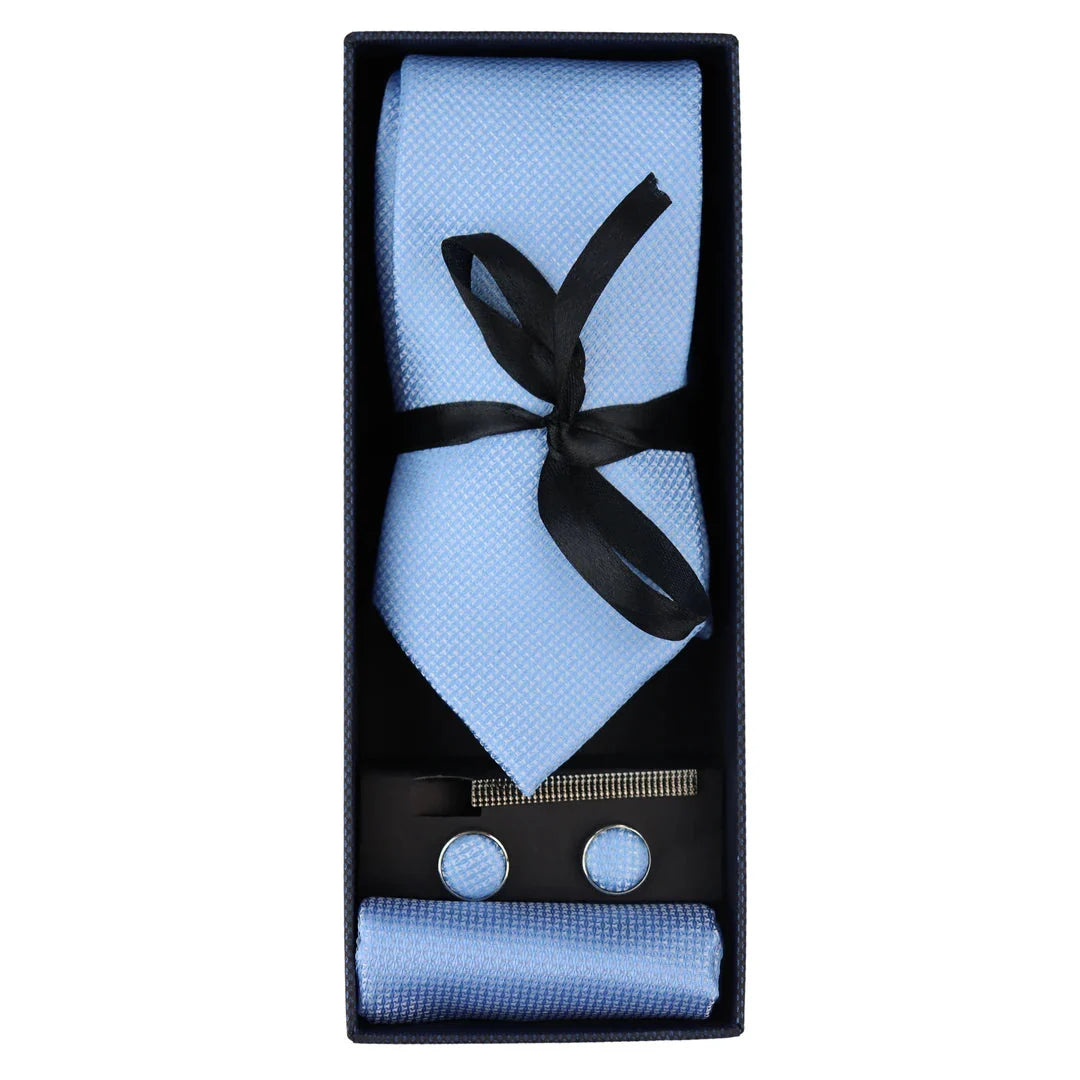 Conjunto de regalo de corbata azul Diamond Neck con pañuelo de bolsillo, gemelos y alfiler de corbata para camisa de satén.